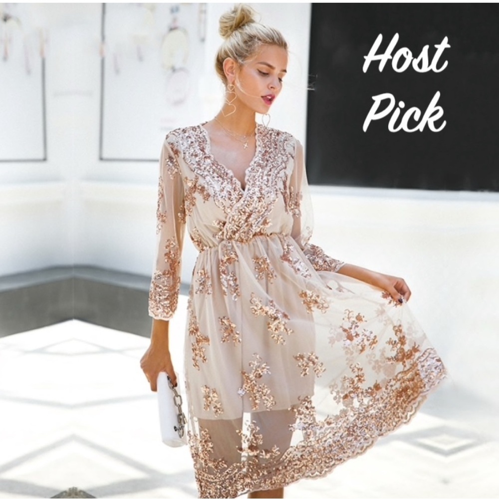 Rouge Women's M Beige Champagne V-Neck Midi Dress with Rose Gold Sequins